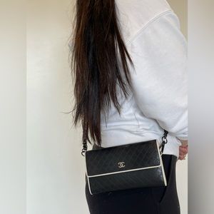 Authentic Chanel Trifold Black Lambskin/ white trim WOC with box !